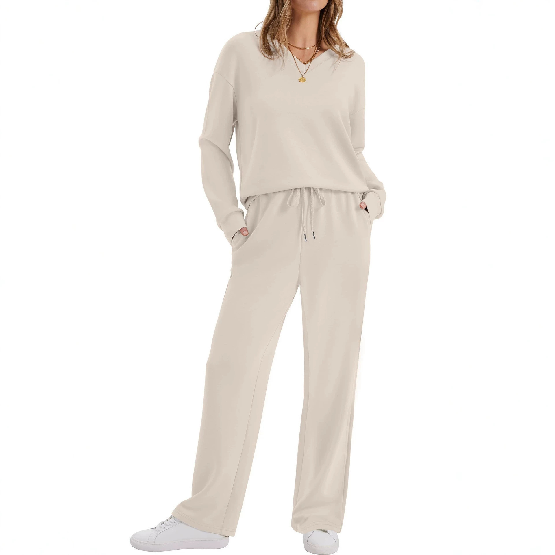 Womens Long-Sleeve Drawstring Casual Pants Set